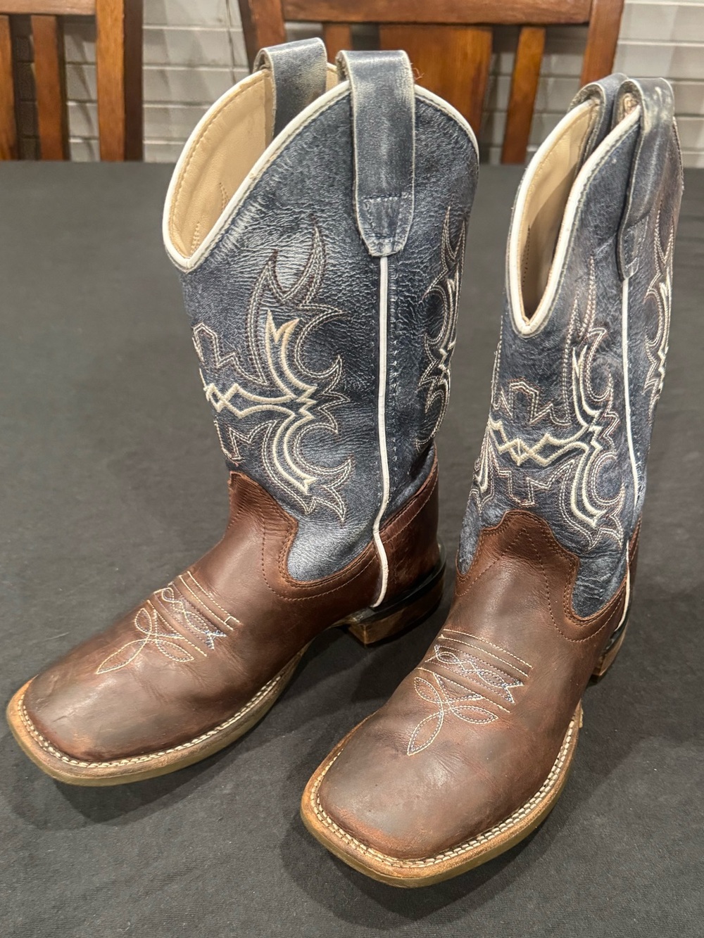 Old West BSC1914 Boys Size 2D Leather Square Toe Cowboy Boots Blue Brown